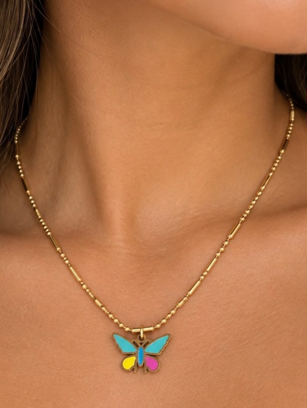 Colorful Butterfly Pendant Gold Tone Beaded Necklace